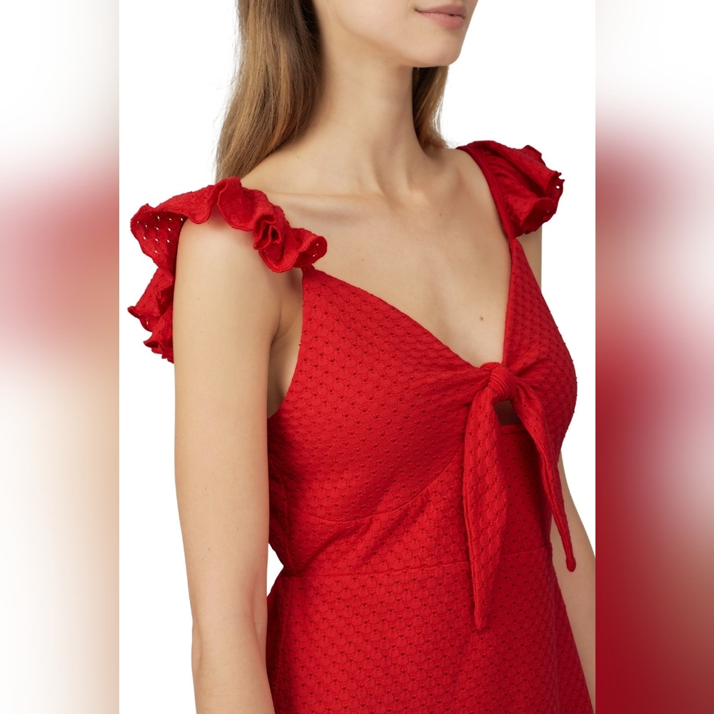 MINKPINK Laurel Tomato Red Eyelet Sleeveless V-neck Tie Front Mini Dress Size SM - Picture 5 of 16